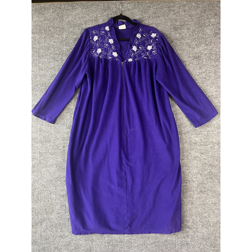 Basic Editions Purple Floral Embroidered House Dress Robe Pockets XL 90s